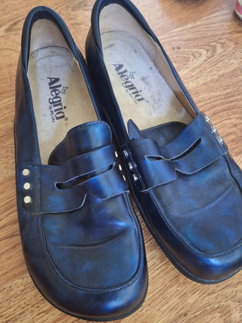 Alegria Black &Blue Womens Leather Slip-On Loafers with Stud Accents